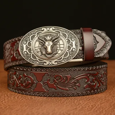 Men Retro Sheep'S Head Pattern Automatic Buckle Leather Belt