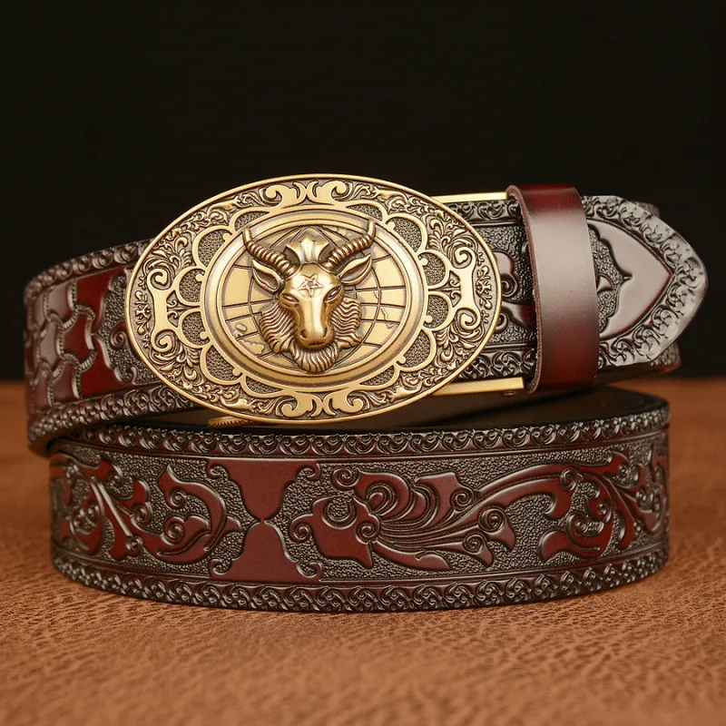 Men Retro Sheep'S Head Pattern Automatic Buckle Leather Belt