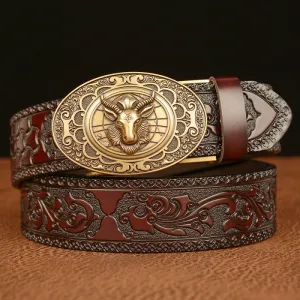 Men Retro Sheep'S Head Pattern Automatic Buckle Leather Belt