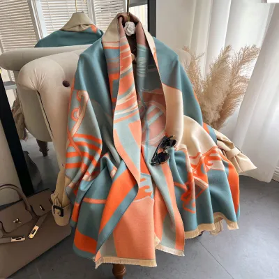 Women Fashion Color Blocking Winter Thick Long Shawl Tassel Scarf