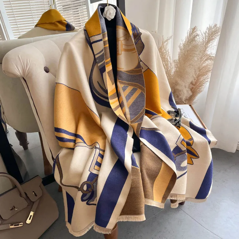 Women Fashion Color Blocking Winter Thick Long Shawl Tassel Scarf