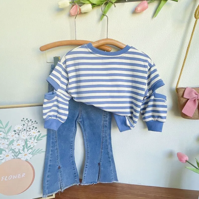 Toddler Girls Long Sleeve Striped Top and Flared Jeans 2-Piece Set