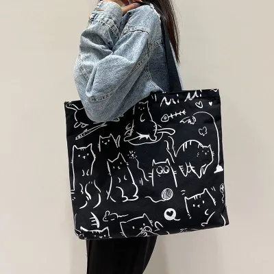 Women's Fashion Anime Canvas Large Capacity Tote Bag with Animal Print