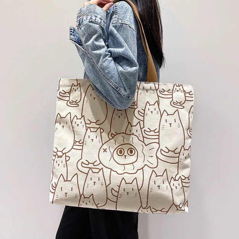 Women's Fashion Anime Canvas Large Capacity Tote Bag with Animal Print