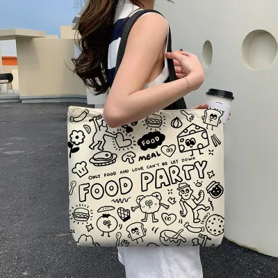 Women's Fashion Cute Anime Bear Canvas Large Capacity Tote Bag with Zipper