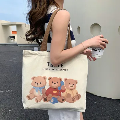 Women's Fashion Cute Anime Bear Canvas Large Capacity Tote Bag with Zipper