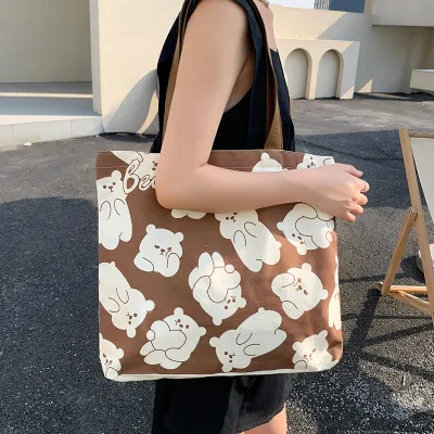 Women's Fashion Cute Anime Bear Canvas Large Capacity Tote Bag with Zipper