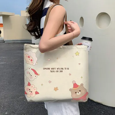 Women's Fashion Cute Anime Bear Canvas Large Capacity Tote Bag with Zipper