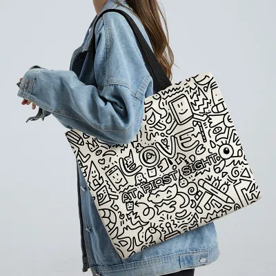 Women's Fashion Cute Anime Bear Canvas Large Capacity Tote Bag with Zipper