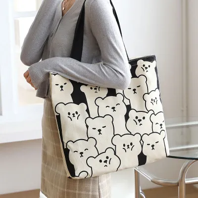 Women's Fashion Cute Anime Bear Canvas Large Capacity Tote Bag with Zipper