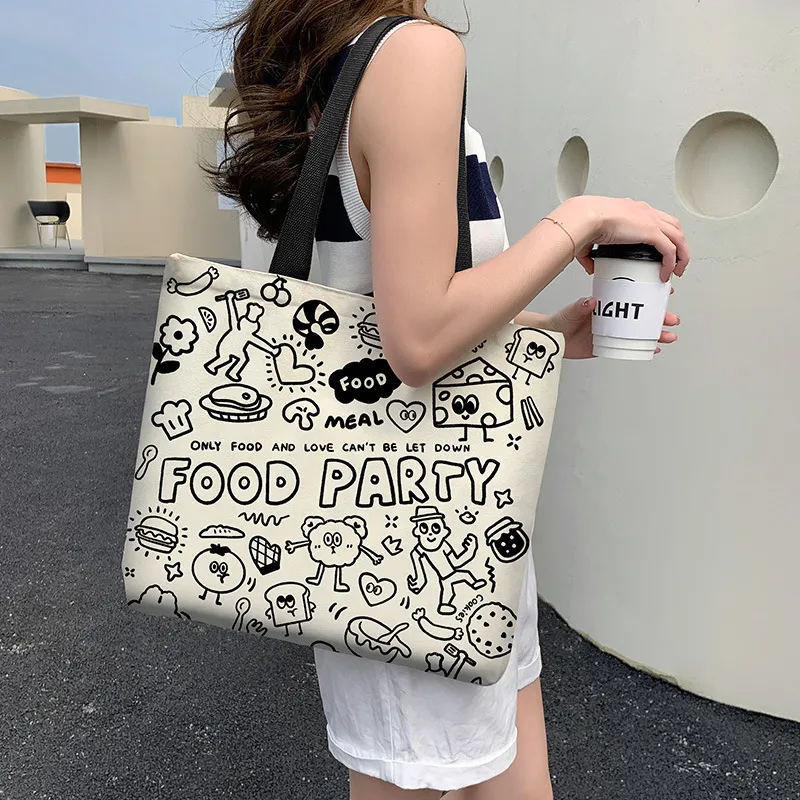 Women's Fashion Cute Anime Bear Canvas Large Capacity Tote Bag with Zipper