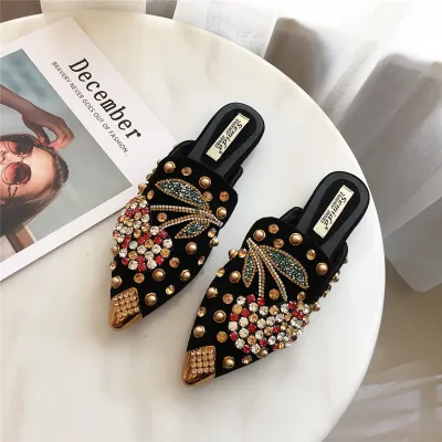 Women's Mulberry Pointed Rhinestone Mules Flat Heel Slip On Suede Shoes