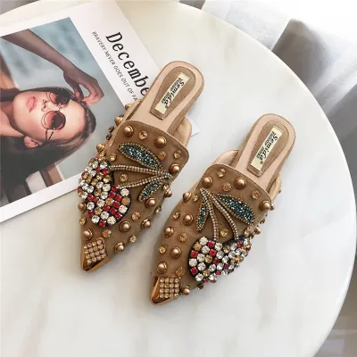 Women's Mulberry Pointed Rhinestone Mules Flat Heel Slip On Suede Shoes