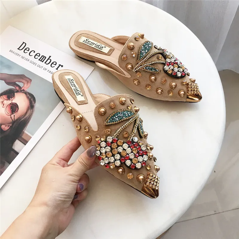 Women's Mulberry Pointed Rhinestone Mules Flat Heel Slip On Suede Shoes
