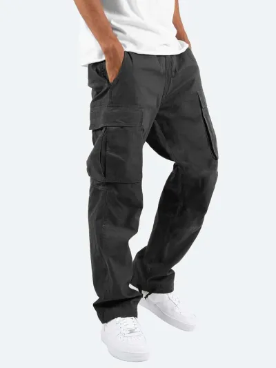 Men Fashion Solid Color Mid Waist Drawstring Multi Pocket Office Pants
