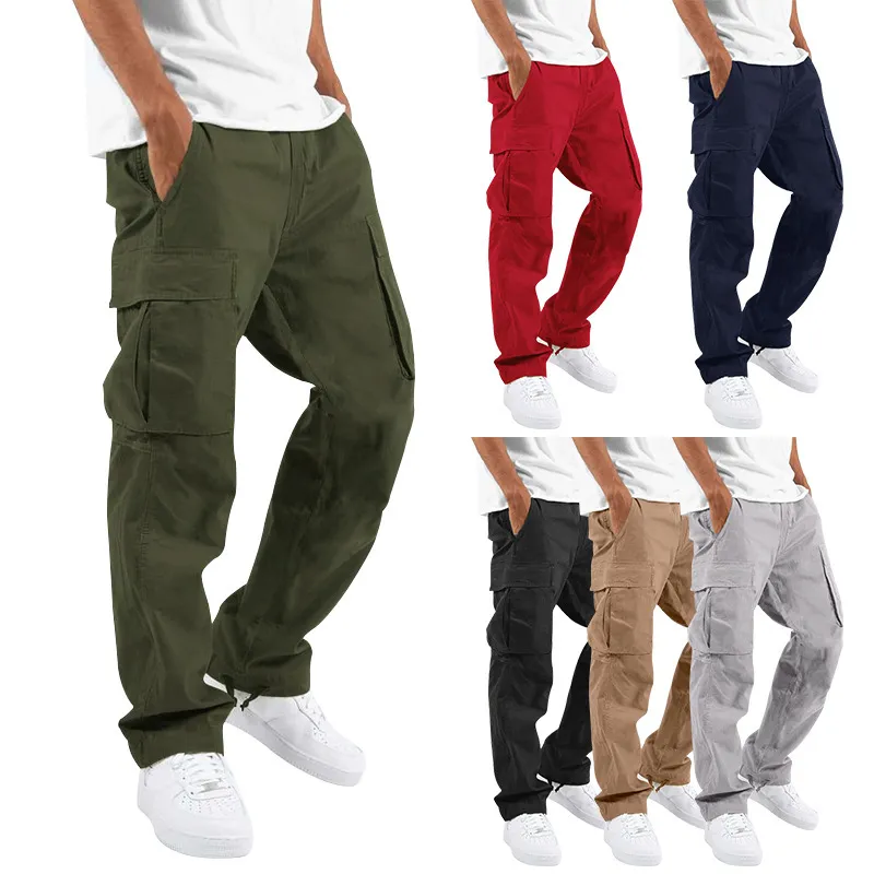 Men Fashion Solid Color Mid Waist Drawstring Multi Pocket Office Pants