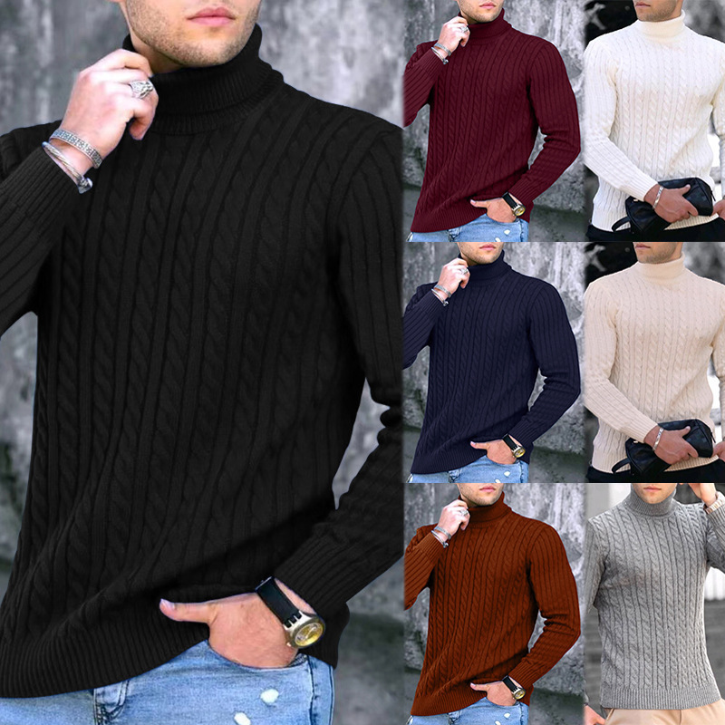 Wholesale Men Casual Turtleneck Long Sleeve Solid Color Knit Sweater