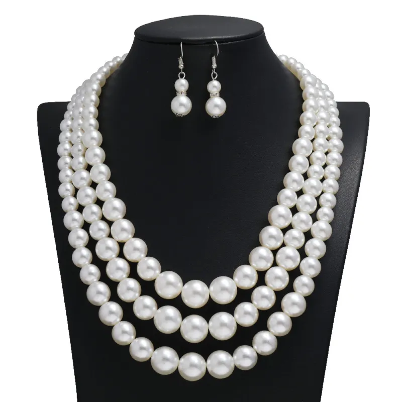 Women'S Fashion Multilayer Pearl Necklace Earrings Set