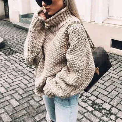 Women Solid Color Turtleneck Long Sleeve Knit Loose Casual Sweater