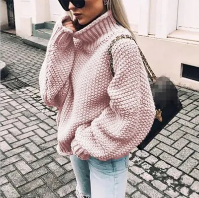 Women Solid Color Turtleneck Long Sleeve Knit Loose Casual Sweater