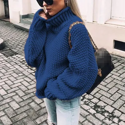 Women Solid Color Turtleneck Long Sleeve Knit Loose Casual Sweater