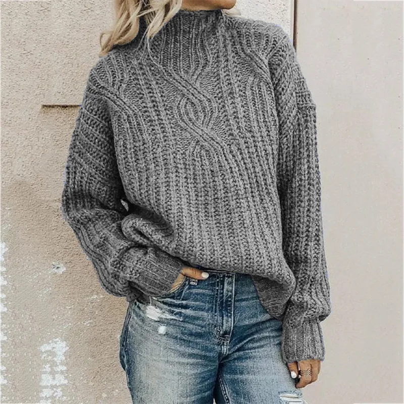 Winter Women Solid Color Turtleneck Long Sleeve Knit Loose Casual Sweater