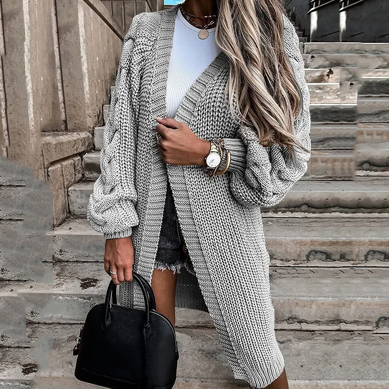 Women Solid Color Loose Long-Sleeved Knitted Cardigan Coat