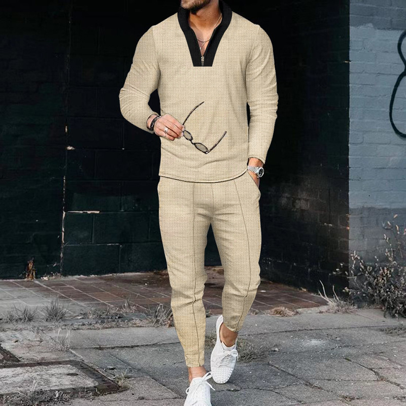 Men Long Sleeve V-Neck Sports Fashion Zip T-Shirt And Pants Set