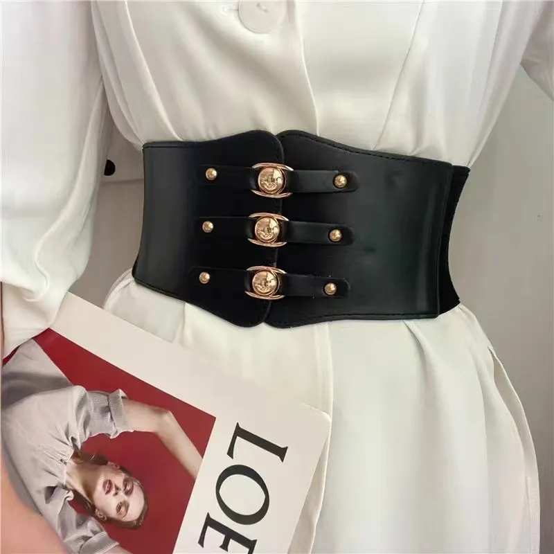 Women Fashion Dress Belts Elastic Waistband Snap Button Round Buckle Printing Imitation Leather