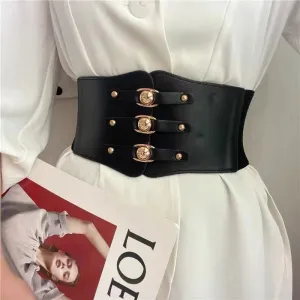 Women Fashion Dress Belts Elastic Waistband Snap Button Round Buckle Printing Imitation Leather