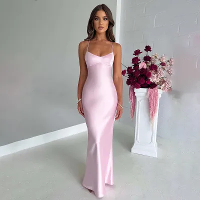 Women Sexy Fashion Backless Spaghetti Strap Bandage Solid Satin Maxi Dress