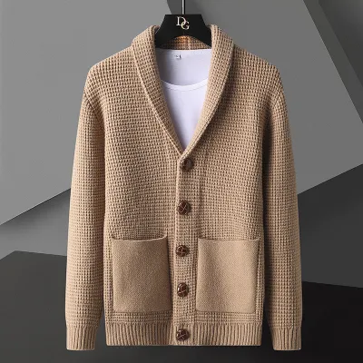 Men Fashion Solid Color Lapel Long Sleeve Slim Cardigan