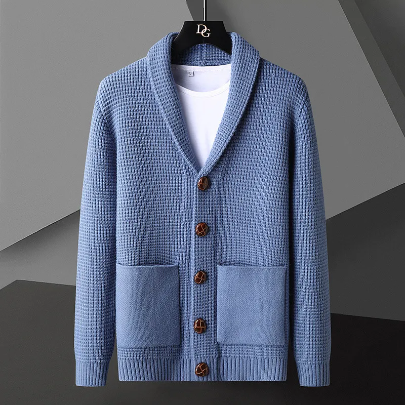 Men Fashion Solid Color Lapel Long Sleeve Slim Cardigan