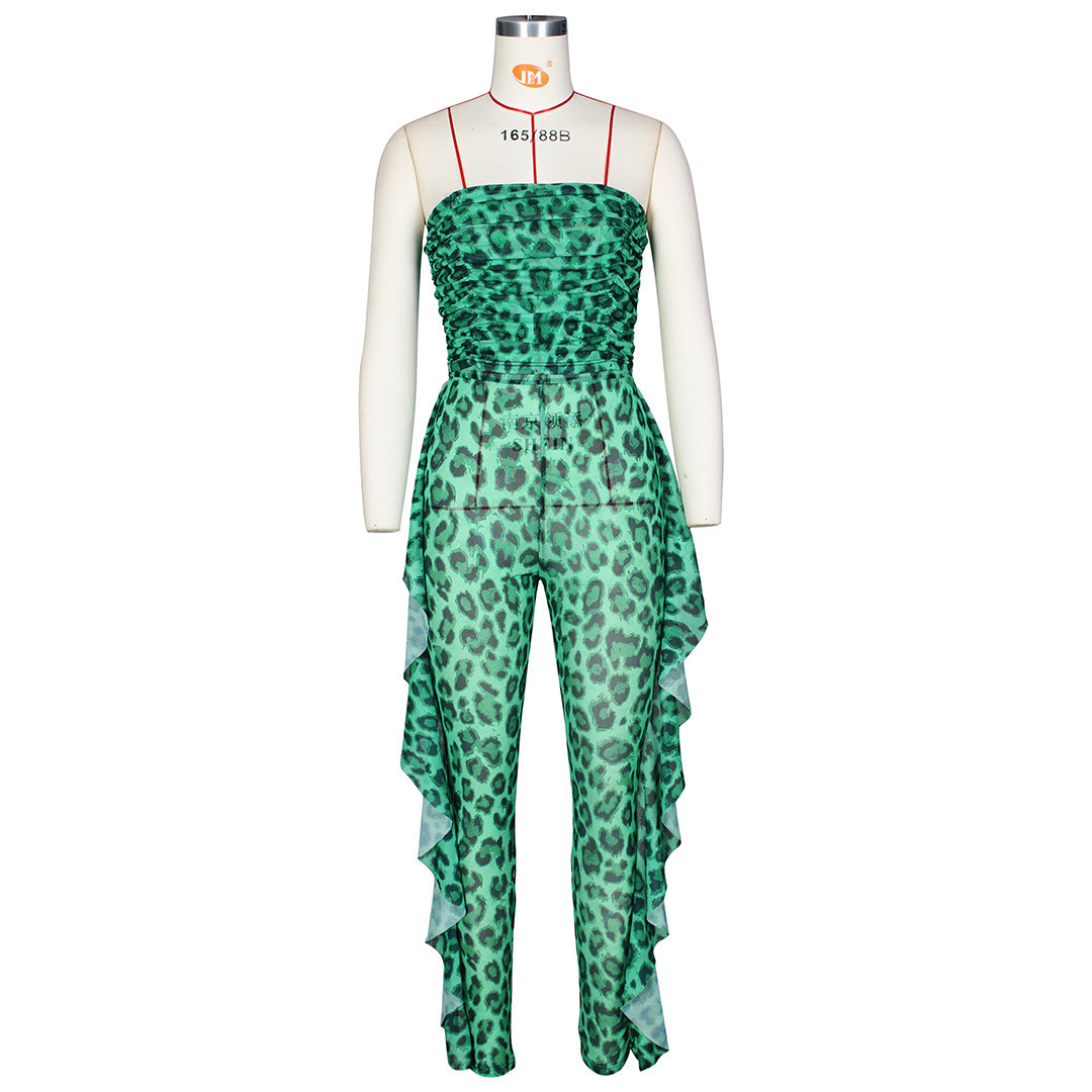 Wholesale Women Leopard Print Strapless Mesh Slim Fit Jumpsuit