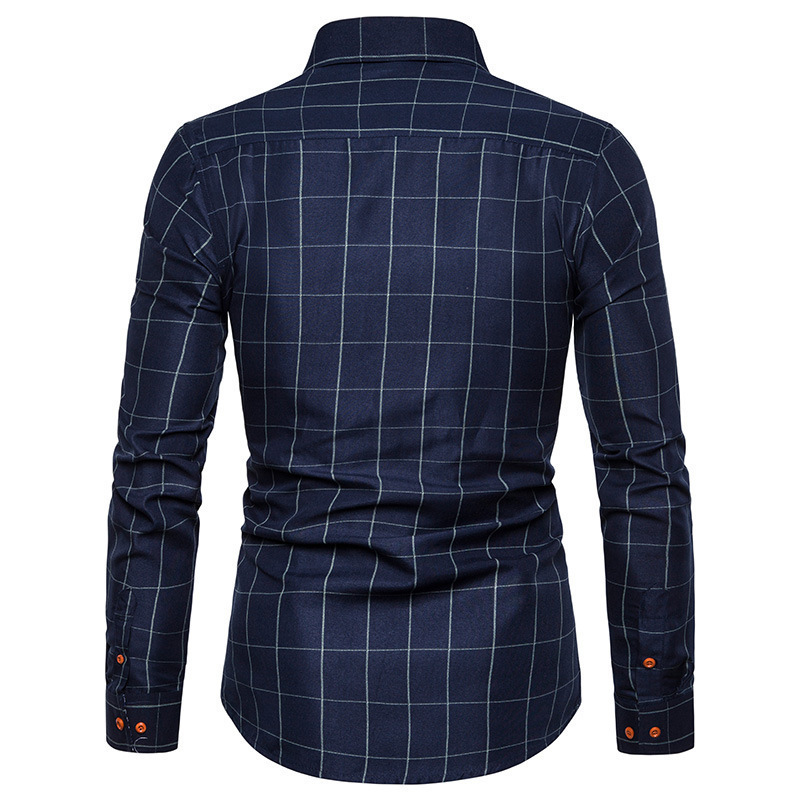 Wholesale Men Casual Lapel Long Sleeve Solid Color Plaid Shirt