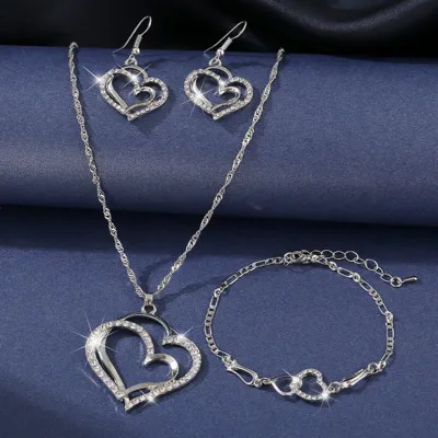 Women's Double Heart Silver White Gold Topaz Two Tone Bracelet Necklace Earrings Set