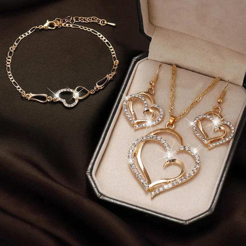 Women's Double Heart Silver White Gold Topaz Two Tone Bracelet Necklace Earrings Set