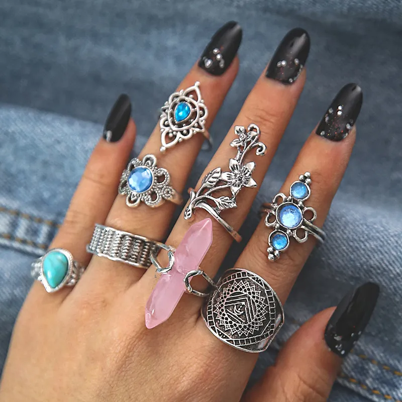 Women's Vintage Fashion Pink Gemstone Floral Cutout Pattern 8-Pieces Set Ring
