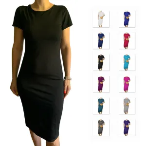 Women Casual Basic Solid Color Short Sleeve Midi Dress High Waist