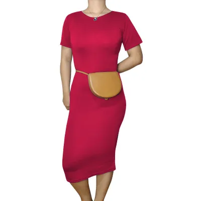 Women Casual Basic Solid Color Short Sleeve Midi Dress High Waist