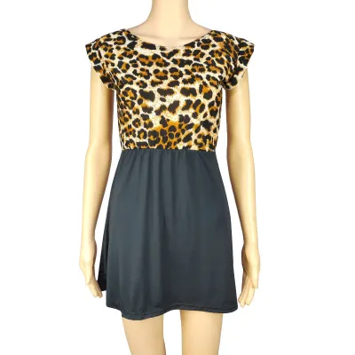 Leopard Houndstooth Print Women Casual Short-Sleeved Round Neck Pleated Dress