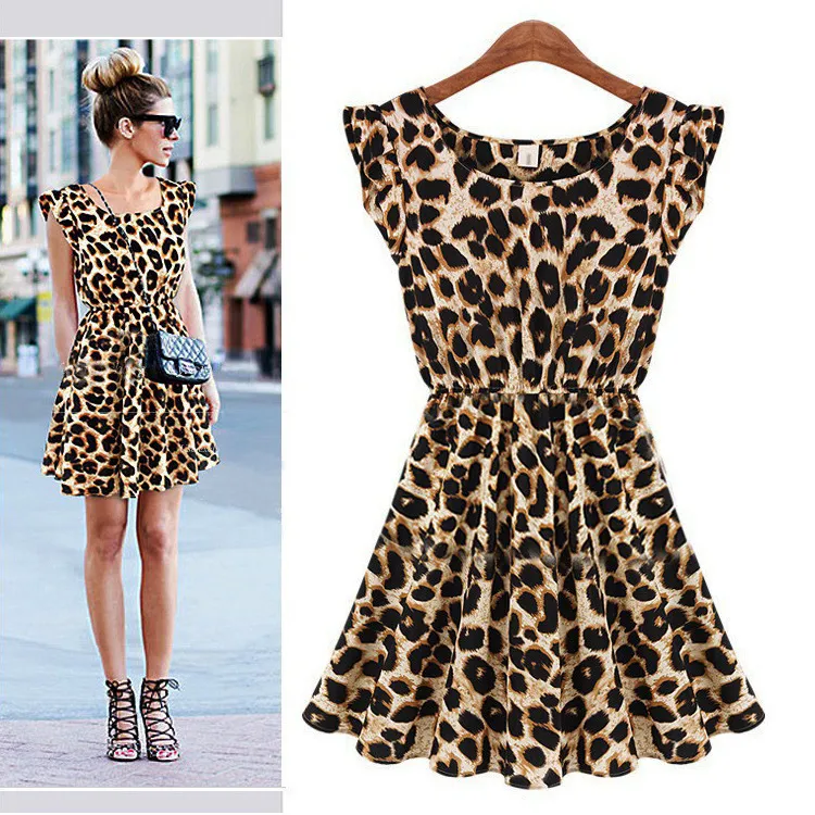 Leopard Houndstooth Print Women Casual Short-Sleeved Round Neck Pleated Dress