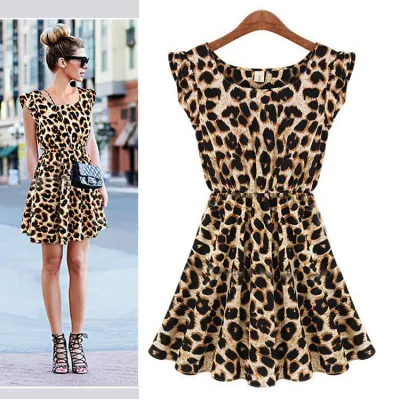 Leopard Houndstooth Print Women Casual Short-Sleeved Round Neck Pleated Dress