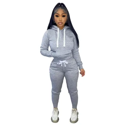 Women's Hooded Fleece Sweatshirt Pants Set - Casual Solid Color Athleisure Outfit for Autumn Winter