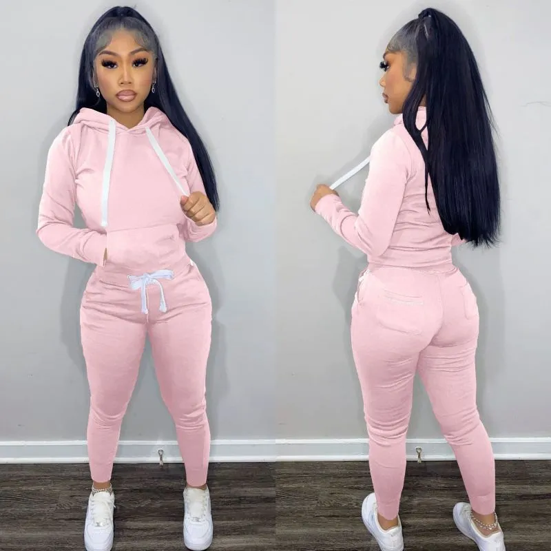 Women's Hooded Fleece Sweatshirt Pants Set - Casual Solid Color Athleisure Outfit for Autumn Winter