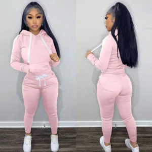 Women's Hooded Fleece Sweatshirt Pants Set - Casual Solid Color Athleisure Outfit for Autumn Winter