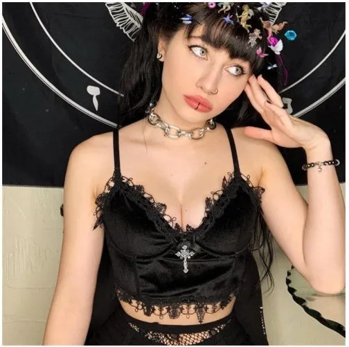 Women Gothic Punk Style Black Lace Velvet Crop Camis