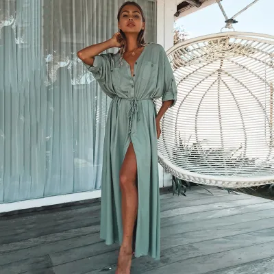 Women Solid Color V-Neck Long-Sleeved Button-Up Tie Waist Casual Vacation Bikini Cover-Up