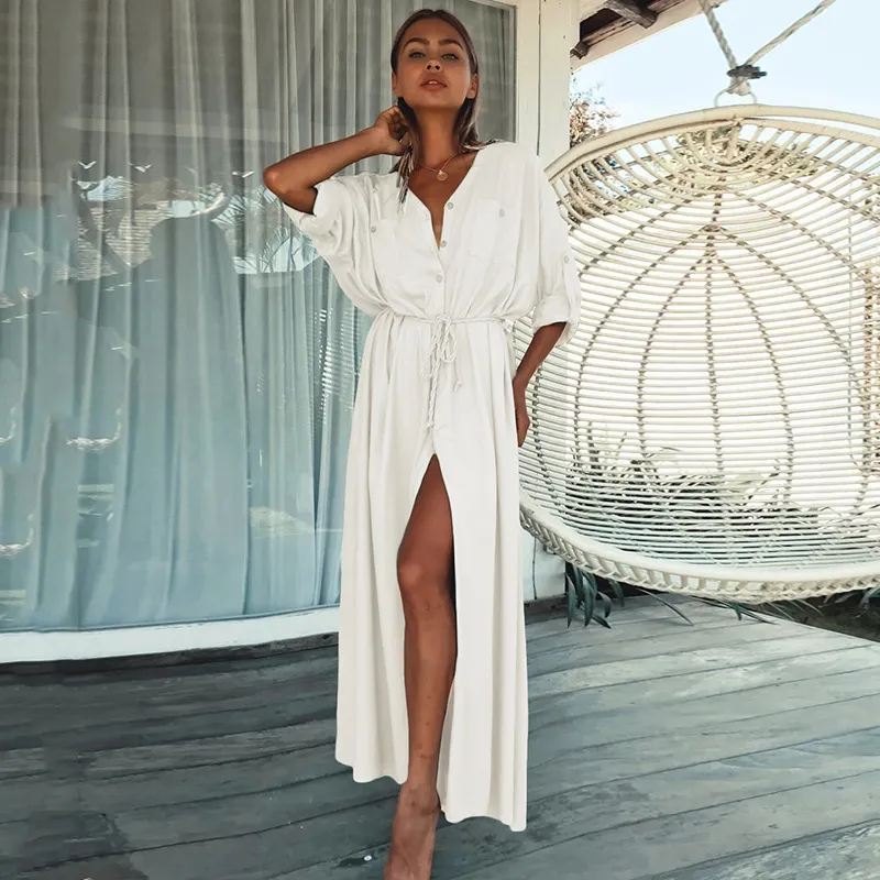 Women Solid Color V-Neck Long-Sleeved Button-Up Tie Waist Casual Vacation Bikini Cover-Up