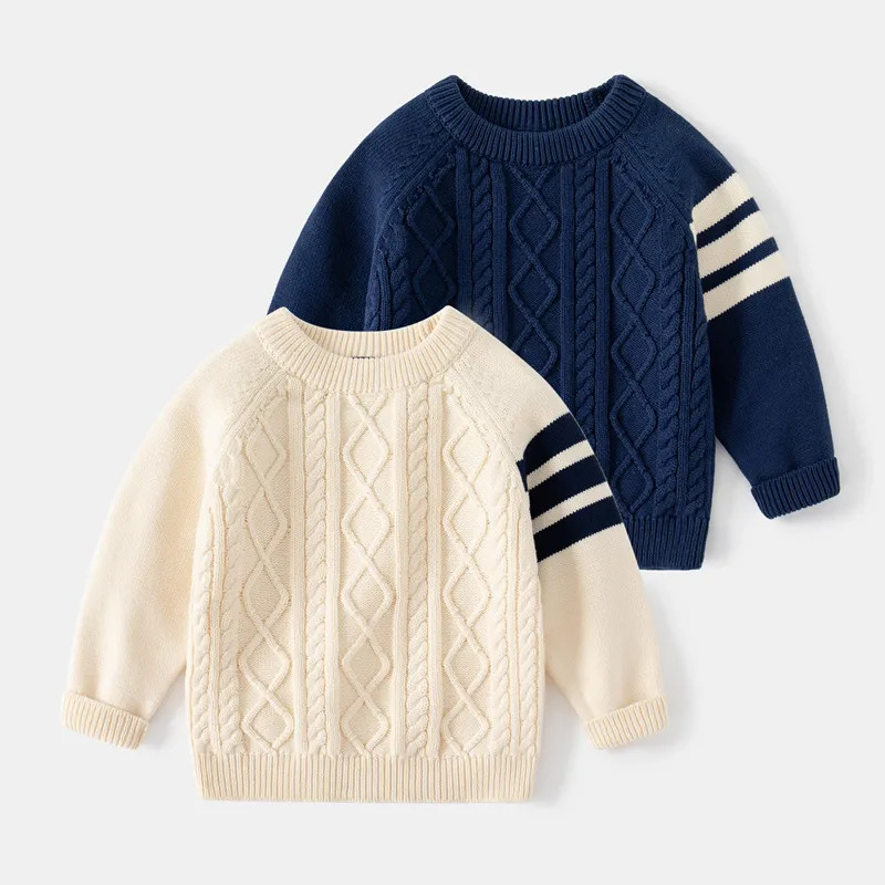 Children Kids Toddlers Boys Long-Sleeved Striped Round Neck Cotton Sweater